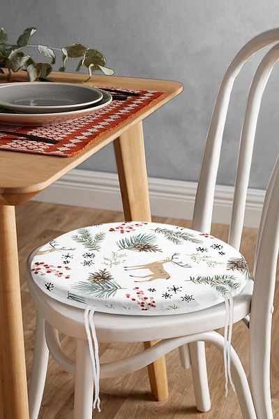Realhomes Digital Printed Modern Round Zippered Chair Cushion with Colored Pine Leaf Pattern on White Background