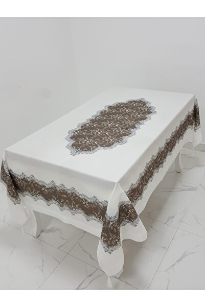Finezza Meltem Baskılı Keten Kumaş Kreme Kahve Masa Örtüsü 160x220 Cm - 1142