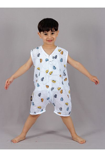 DİDABABY Summer Jumpsuit with Shorts Sleeveless Single Layer Cotton Muslin Car Patterned