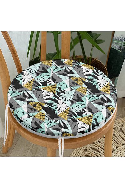 Realhomes Colorful Palm Patterned Digital Printed Modern Round Zippered Chair Cushion on White Background
