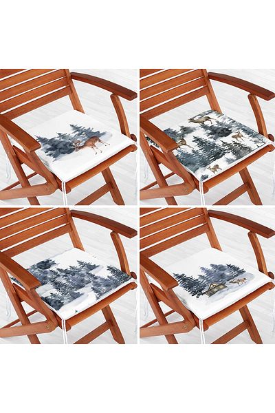 Realhomes 4-Piece Special Design Deers & Pine Wood Motif Digital Printed Zippered Chair Cushion Set