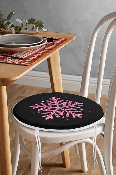 Realhomes Pink Color Snowflake Patterned Digital Printed Round Zippered Chair Cushion with Black Background