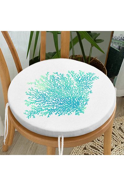 Realhomes Digital Printed Round Zippered Chair Cushion with Green Colored Seaweed Pattern on White Background