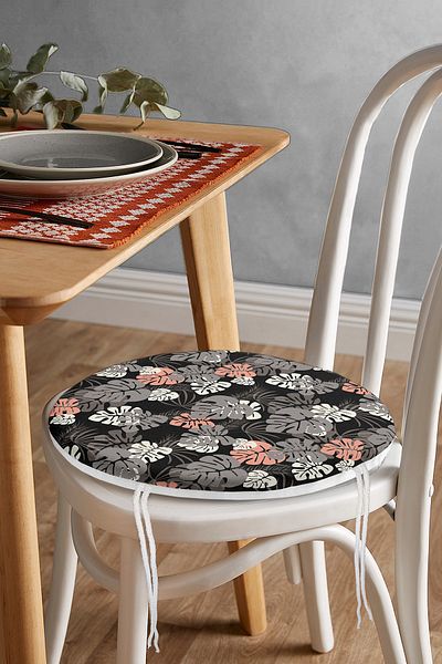 Realhomes Digital Printed Modern Round Zippered Chair Cushion with Colorful Leaf Pattern on Black Background
