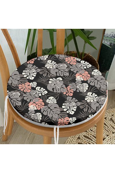 Realhomes Digital Printed Modern Round Zippered Chair Cushion with Colorful Leaf Pattern on Black Background