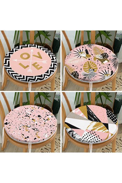 Realhomes 4-Piece Colorful Gold Detailed Leaf Patterned Modern Round Zippered Chair Cushion Set on the Floor