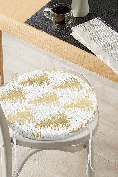 Realhomes Gold Colored Pine Tree Patterned Modern Round Zippered Chair Cushion on White Background