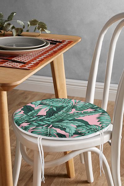 Realhomes Digital Printed Modern Round Zippered Chair Cushion with Green Leaf Pattern on Pastel Floor
