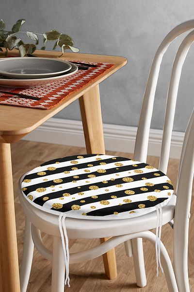 Realhomes Black Striped Gold Detailed Polka Dot Modern Round Zippered Chair Cushion on White Background