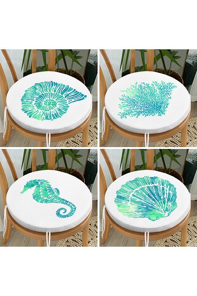 Realhomes 4-Piece Modern Round Zippered Chair Cushion Set with Colorful Seashell Pattern on White Background