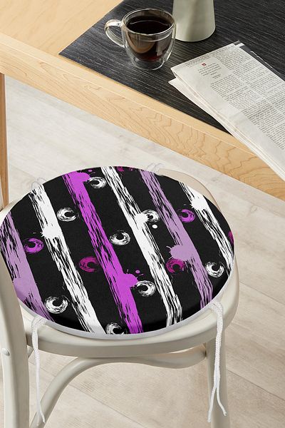 Realhomes Digital Printed Modern Round Zippered Chair Cushion with Colorful Line Floor Pattern on Black Background