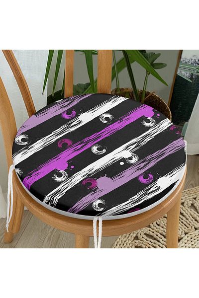 Realhomes Digital Printed Modern Round Zippered Chair Cushion with Colorful Line Floor Pattern on Black Background