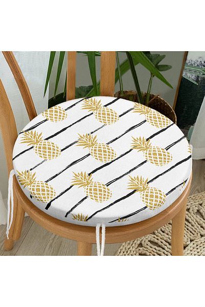 Realhomes Gold Colored Pineapple Patterned Digital Printed Modern Round Zippered Chair Cushion on White Background