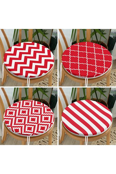 Realhomes Set of 4 Red Geometric Drawings Special Design Digital Printed Round Zippered Chair Cushion