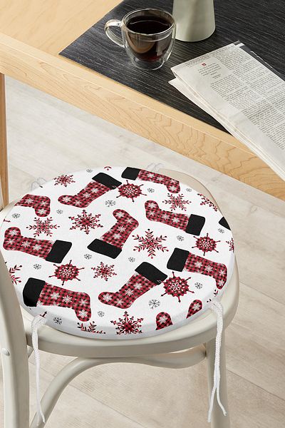 Realhomes Plaid Snowflake Patterned Digital Printed Modern Round Zippered Chair Cushion on White Background