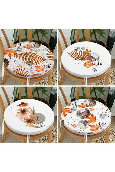 Realhomes 4-Piece Modern Round Zippered Chair Cushion Set with Dried Leaf and Flower Design on White Floor