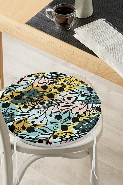 Realhomes Pastel Colored Flower Patterned Digital Printed Modern Round Zippered Chair Cushion on White Background