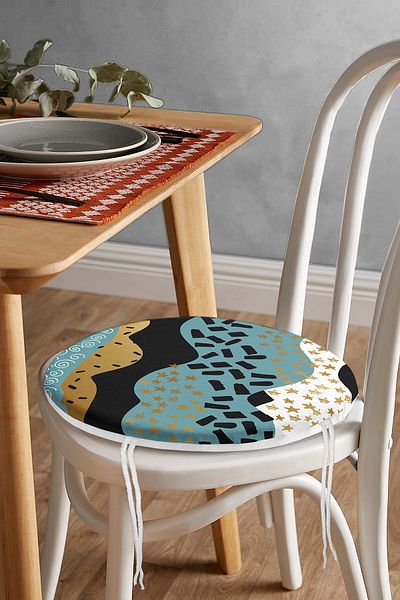 Realhomes Gold Detailed Colored Drawing Digital Printed Round Zippered Chair Cushion on Black and White Background