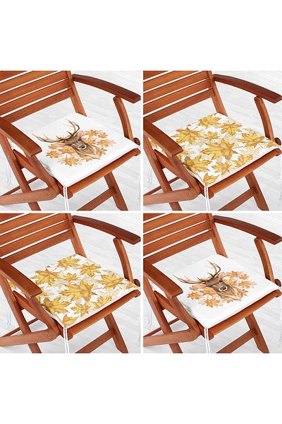 Realhomes 4-Piece Dried Autumn Leaves & Deer Design Digital Printed Zippered Chair Cushion Set