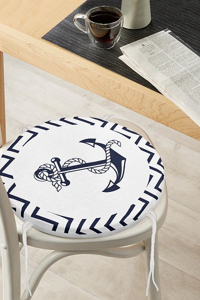 Realhomes Modern Round Zippered Chair Cushion with Geometric Drawings and Anchor Pattern on White Background