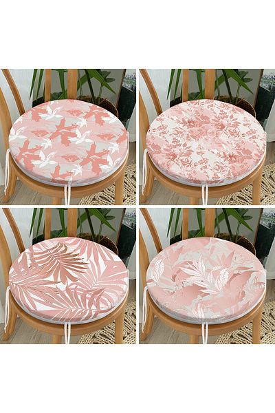 Realhomes Set of 4 Decorative Round Zippered Chair Cushions with Pink Leaf Drawing on White Background