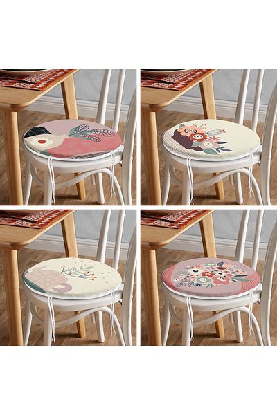 Realhomes Set of 4 Round Zippered Chair Cushions with Onedraw Drawing Vase Pattern on Colorful Floor