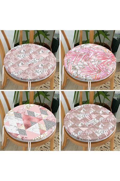 Realhomes Set of 4 Geometric Marble Patterned Pink Flower Motif Modern Round Zippered Chair Cushions