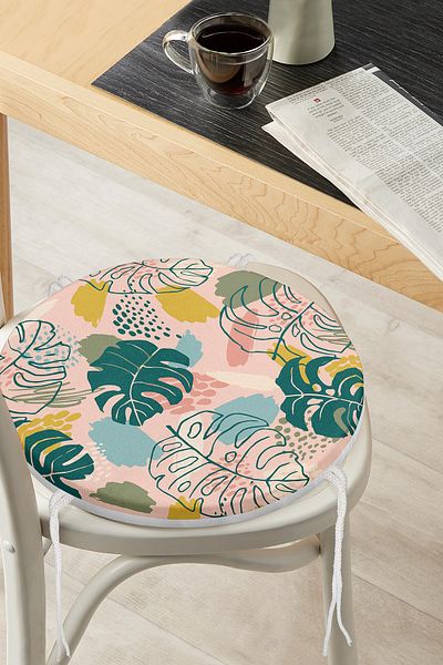 Realhomes Modern Round Zippered Chair Cushion with Onedraw Drawing Leaf Pattern on Powder Floor