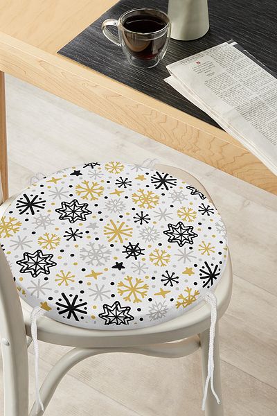 Realhomes Modern Round Zippered Chair Cushion with Gold Detailed Snowflake Pattern on White Background