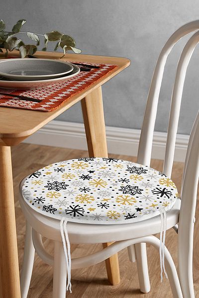 Realhomes Modern Round Zippered Chair Cushion with Gold Detailed Snowflake Pattern on White Background