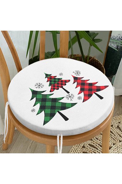 Realhomes Modern Round Zippered Chair Cushion with Plaid Pattern Pine Tree Motif on White Background