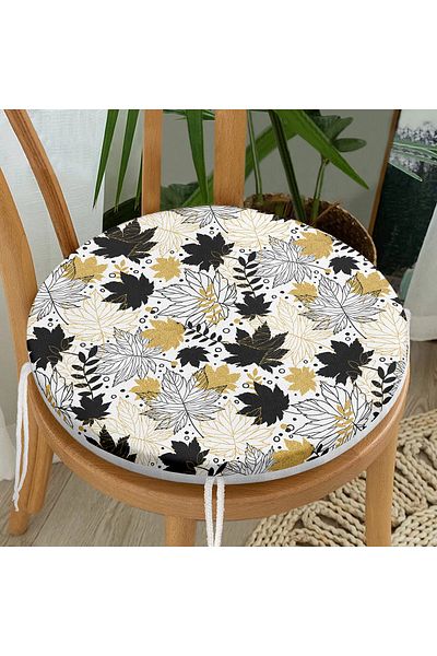 Realhomes Gold Detailed Autumn Leaf Patterned Modern Round Zippered Chair Cushion on White Background