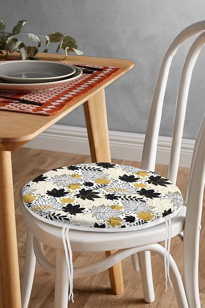 Realhomes Gold Detailed Autumn Leaf Patterned Modern Round Zippered Chair Cushion on White Background
