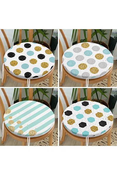 Realhomes Set of 4 Round Zippered Chair Cushions with Gold Detail on White Background
