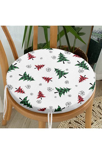 Realhomes Digital Printed Round Zippered Chair Cushion with Plaid Pine Tree Pattern on White Background