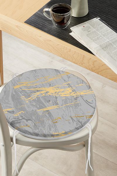 Realhomes Modern Round Zippered Chair Cushion with Gold Detailed Drawing Pattern on Anthracite Floor