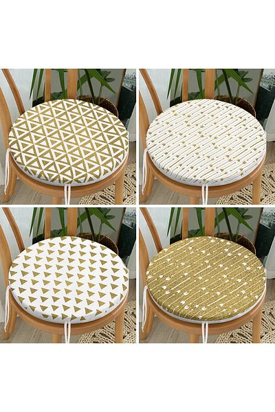 Realhomes Set of 4 Colorful Gold Detailed Geometric Patterned Round Zippered Chair Cushions on the Floor