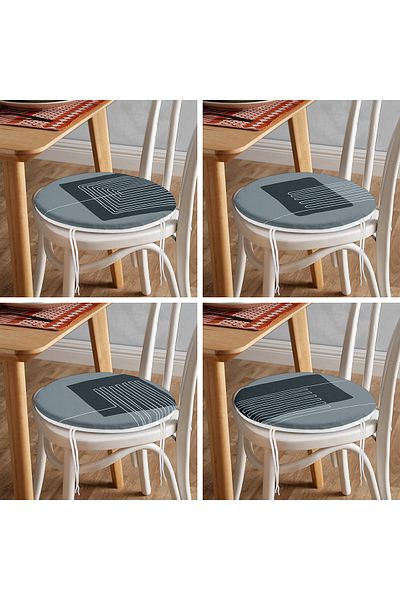 Realhomes Set of 4 Light Smoke Colored Digital Printed Round Zippered Chair Cushions with Onedraw Drawing