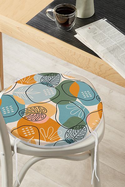 Realhomes Modern Round Zippered Chair Cushion with Onedraw Drawing Leaf Pattern on Colorful Background