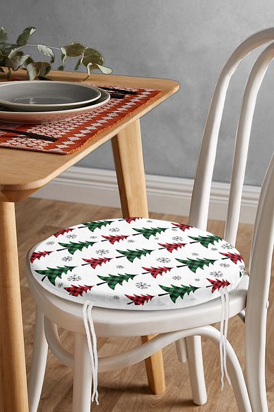 Realhomes Digital Printed Round Zippered Chair Cushion with Plaid Pine Tree Pattern on White Background