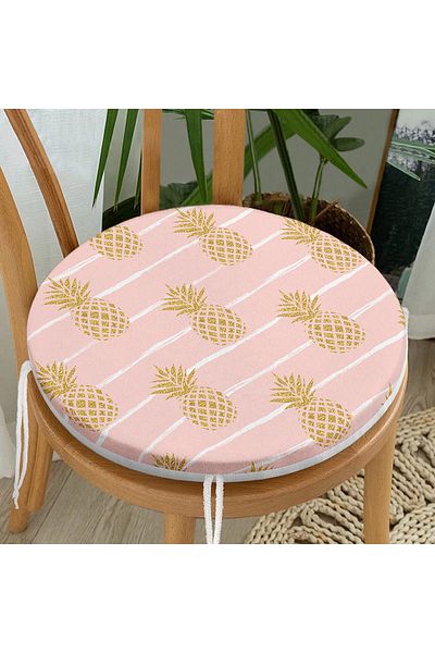 Realhomes Gold Colored Pineapple Patterned Digital Printed Modern Round Zippered Chair Cushion on Pastel Floor
