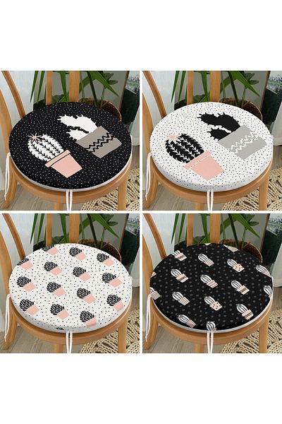 Realhomes Set of 4 Black and White Floor Cactus Drawing Digital Printed Round Zippered Chair Cushions