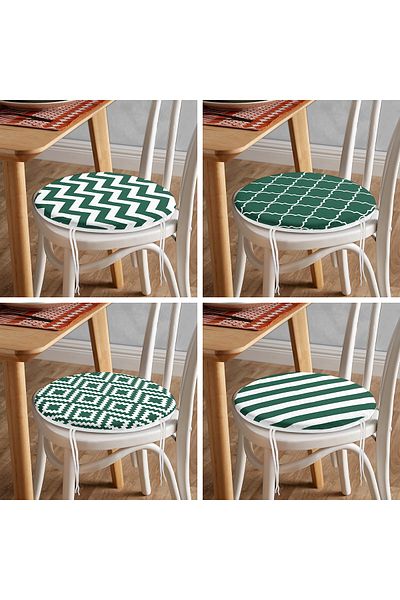 Realhomes Set of 4 Dark Green Geometric Drawings Special Design Modern Round Zippered Chair Cushions