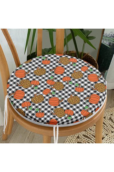 Realhomes Modern Round Zippered Chair Cushion with Colorful Pumpkin Pattern on Black and White Plaid