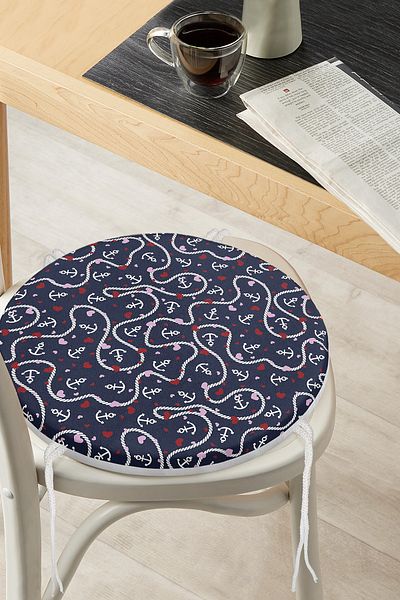 Realhomes Digital Printed Modern Round Zippered Chair Cushion with Anchor and Rope Pattern on Colorful Floor