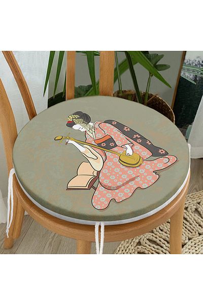 Realhomes Traditional Japanese Female Figure Digital Printed Special Design Round Zippered Chair Cushion