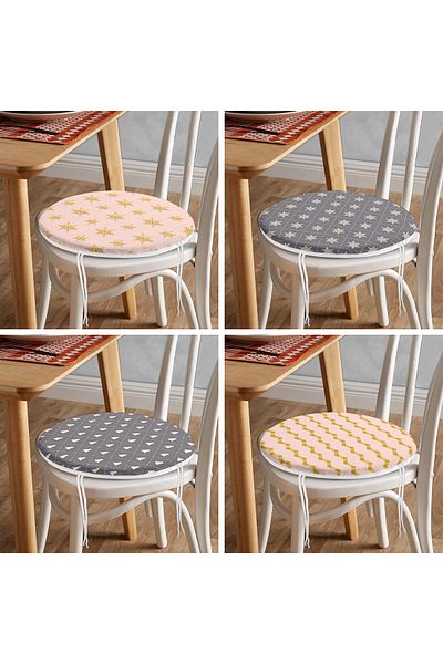 Realhomes Set of 4 Colorful Christmas Patterned Round Zippered Chair Cushions with Gold Detail on the Floor