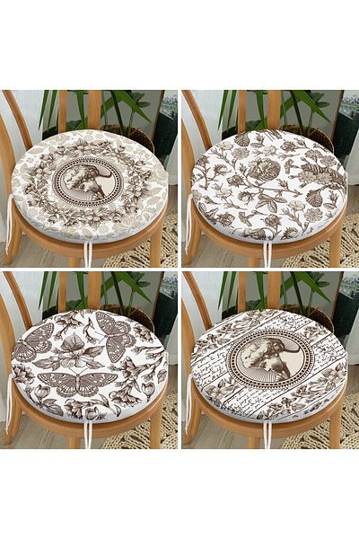 Realhomes Set of 4 White Floor Ethnic Black Pencil Drawing Digital Printed Round Zippered Chair Cushions