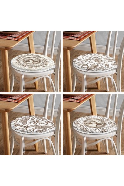 Realhomes Set of 4 White Floor Ethnic Black Pencil Drawing Digital Printed Round Zippered Chair Cushions