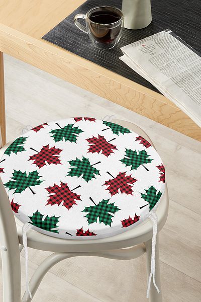 Realhomes Modern Round Zippered Chair Cushion with Autumn Leaf Pattern Plaid on White Background